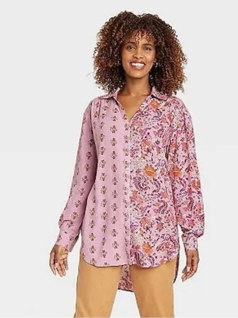 Knox Rose Pink Split-Print Tunic Length Boho Button-Up Shirt Size Small